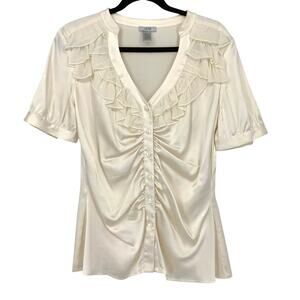 Vintage Cache Womens Silk Blend Blouse Top L Ivory Satin Ruffle Ruched V-Neck